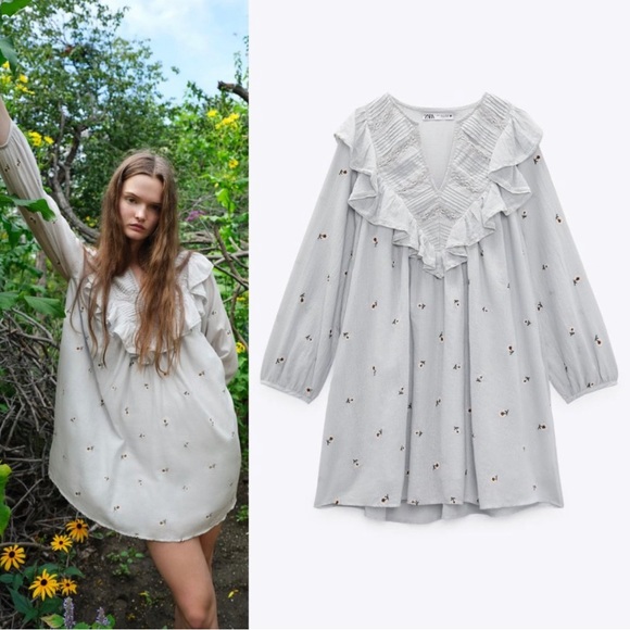 NEW Zara Light Blue Daisy Floral Embroidered Ruffle Neckline Cotton Mini Dress S - Picture 1 of 10